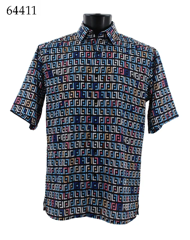 Bassiri Short Sleeve Button Down Casual Printed Men's Shirt - Geometric Pattern Navy #64411 Sporty Men's Tennis