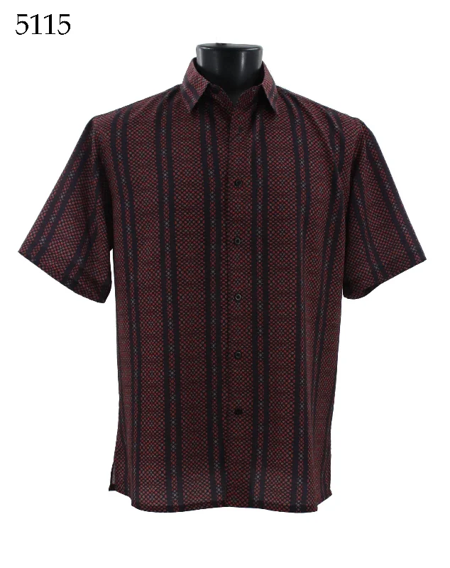 Bassiri Short Sleeve Button Down Casual Printed Men's Shirt - Stripe Pattern Red #5115 Monochromatic All