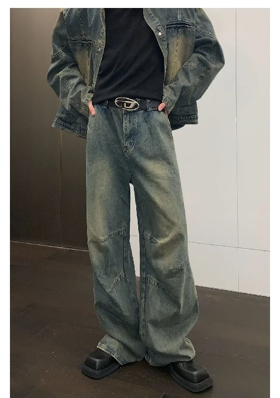 Washed Retro Wide-leg Straight Jeans Youthful Men's Anime