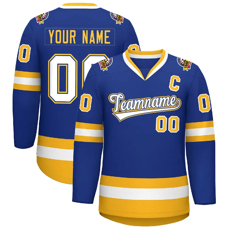 Custom Royal White Royal-Gold Classic Style Hockey Jersey Sleek Men's Contemporary 