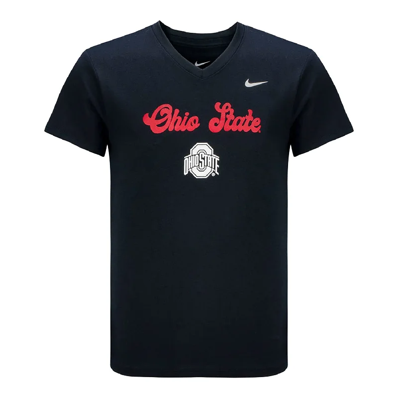 Girls Ohio State Buckeyes V-Neck Script Black T-Shirt Sleek Men's Metallic