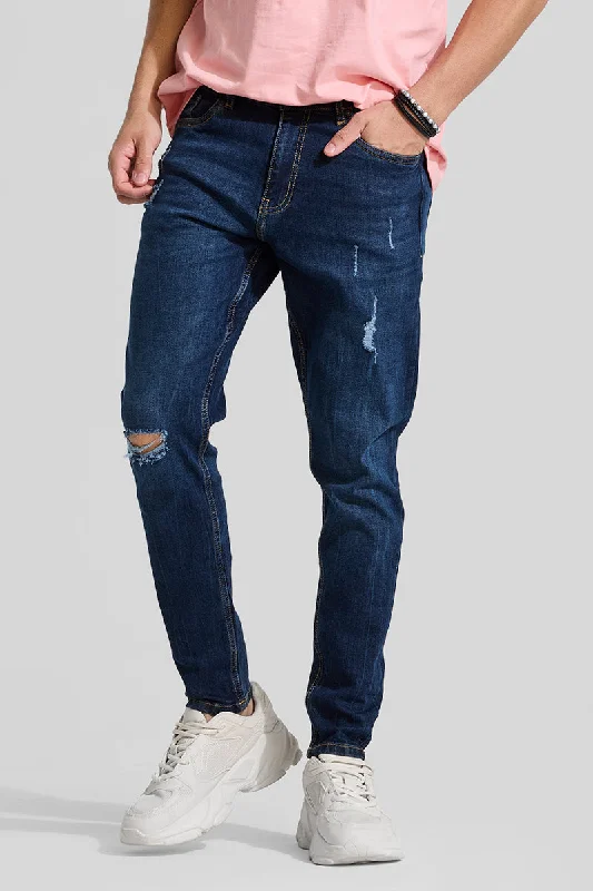 Dark Blue Distressed Skinny Fit Jeans Sophisticated Men's 