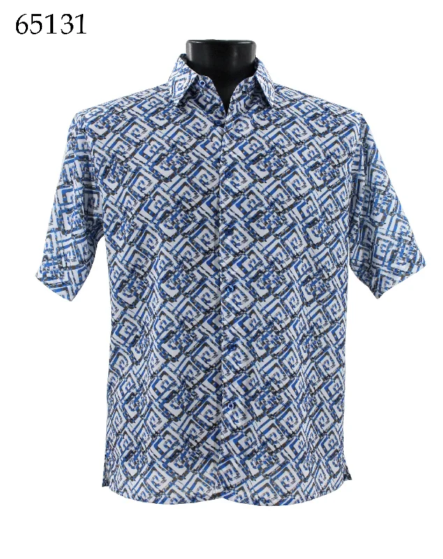 Bassiri Short Sleeve Button Down Casual Printed Men's Shirt -Geometric Pattern Blue #65131 Vacation