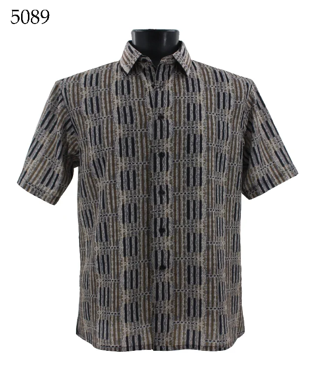 Bassiri Short Sleeve Button Down Casual Printed Men's Shirt - Stripe Pattern Olive #5089 British Gentleman Style