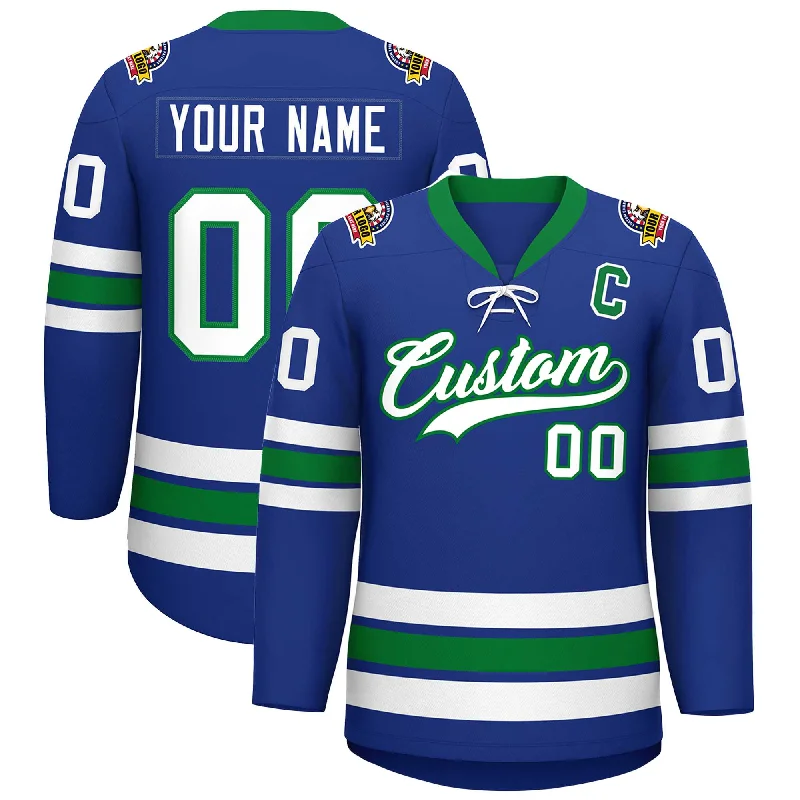 Custom Royal White-Kelly Green Lace-Up Neck Hockey Jersey Polished Men's Satin