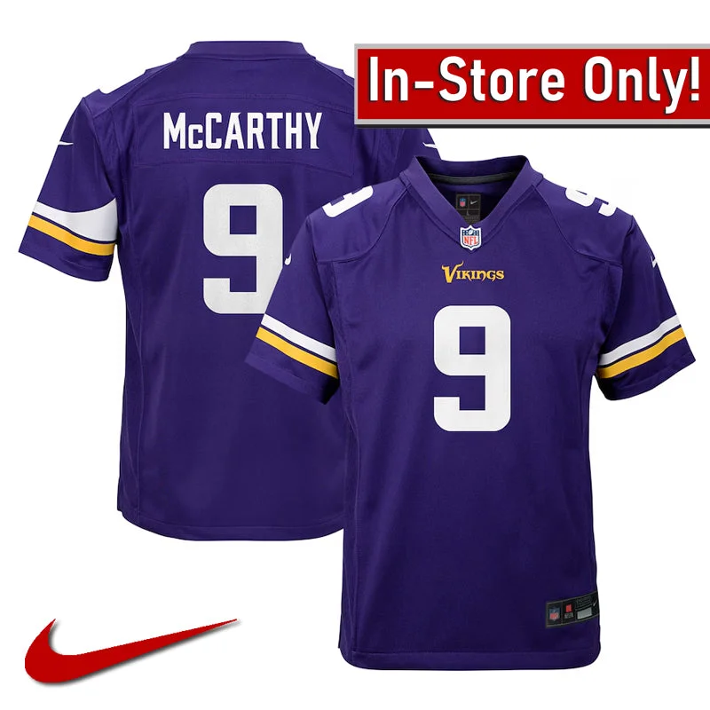 AVAILABLE IN-STORE ONLY! J.J. McCarthy Youth Minnesota Vikings Purple Nike Game Jersey Trendy Men's Scandinavian