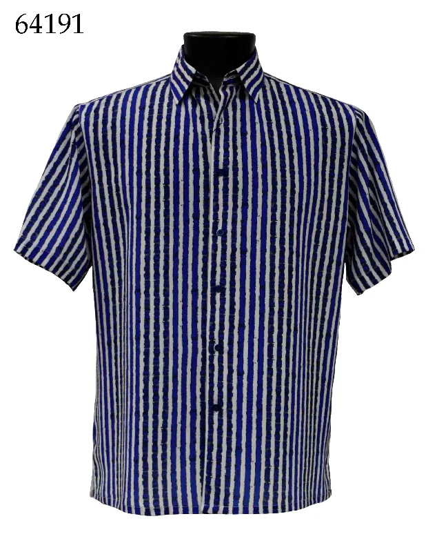 Bassiri Short Sleeve Button Down Casual Printed Men's Shirt - Multi Stripe Pattern Royal Blue #64191 Dapper Men's 1920S