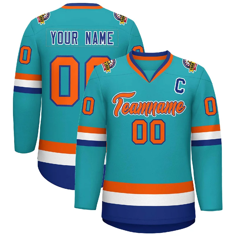 Custom Aqua Orange Royal-White Classic Style Hockey Jersey Dapper Men's 1920S