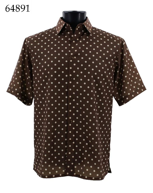 Bassiri Short Sleeve Button Down Casual Printed Men's Shirt - Polka Dot Pattern Brown #64891 Casual Men's Loose