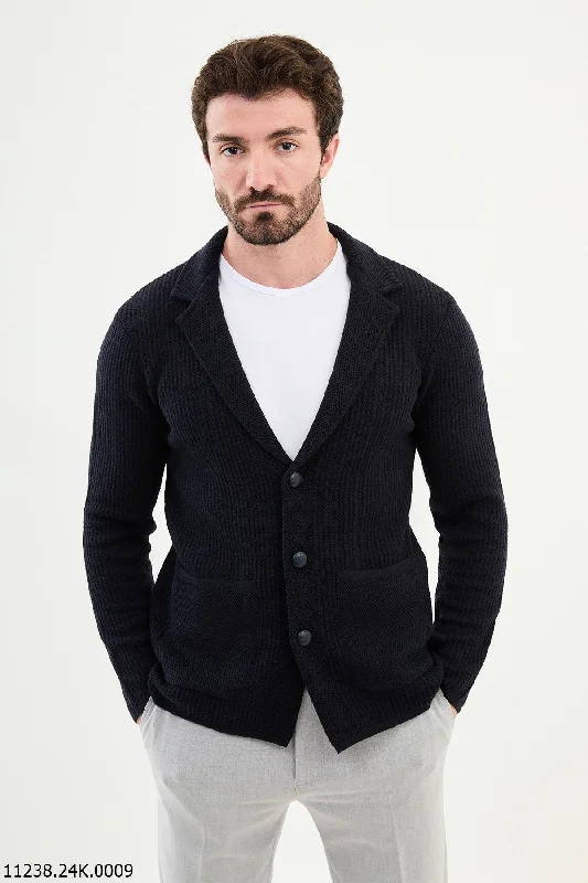 Bojoni Chicago Slim Fit Navy Blue Knitwear Cardigan Sweater Tough Men's Military