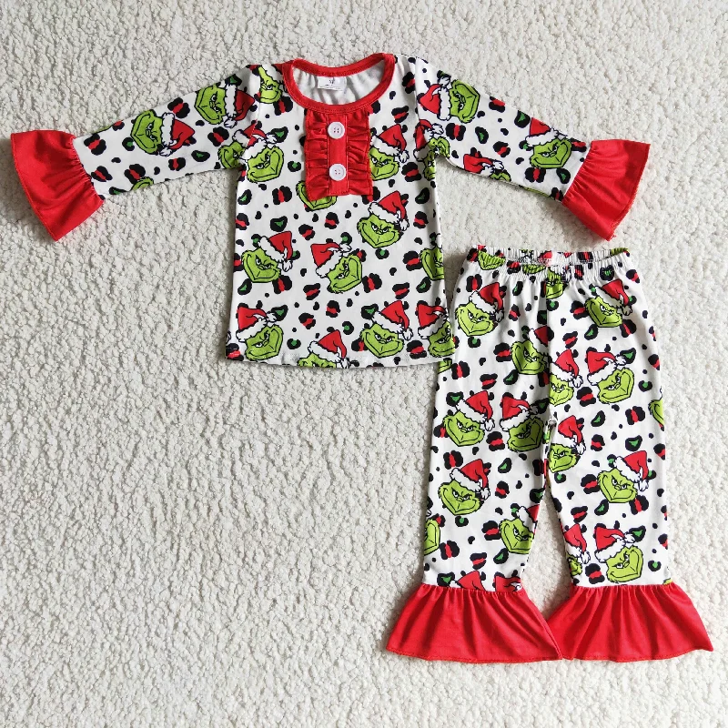 GLP0214 Christmas Green Red Cartoon Santa Leopard Girls Long Sleeve Pants Outfits Pajamas Athletic Men's High