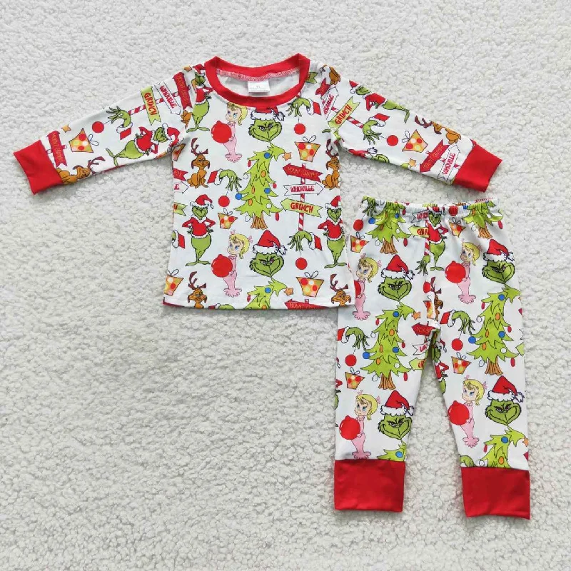 BLP0256 Christmas Red Green Cartoon Boys Long Sleeve Pants Outfits Pajamas Bohemian Men's Free