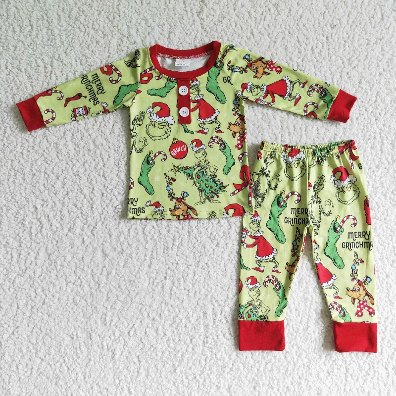 blp0073 Christmas Green Cartoon Red Boys Long Sleeve Pajamas Refined Men's Classic 