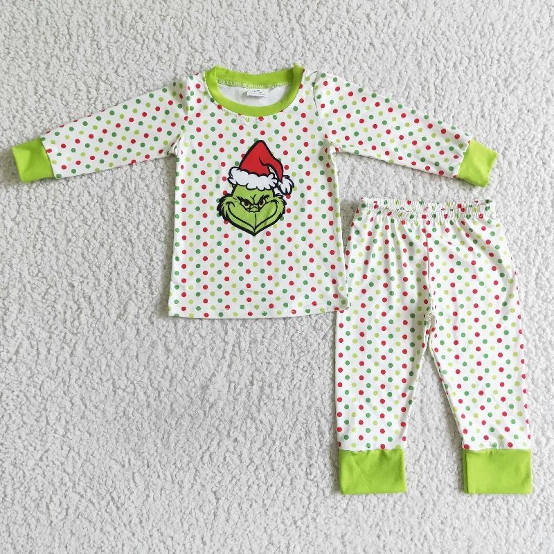 6 B1-22 Christmas Green Dots Cartoon Boys Long Sleeve Pajamas Refined Men's European