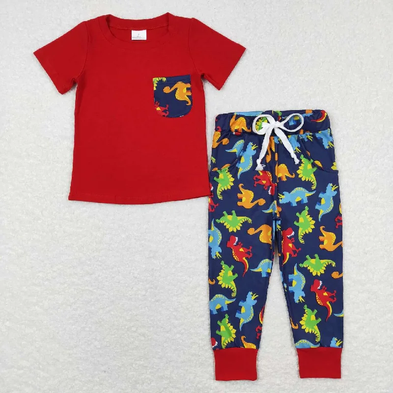 BSPO0173 Red dinosaur Boys Short Sleeve Bell Bottom Pants Outfits Pajamas Polished Men's Satin