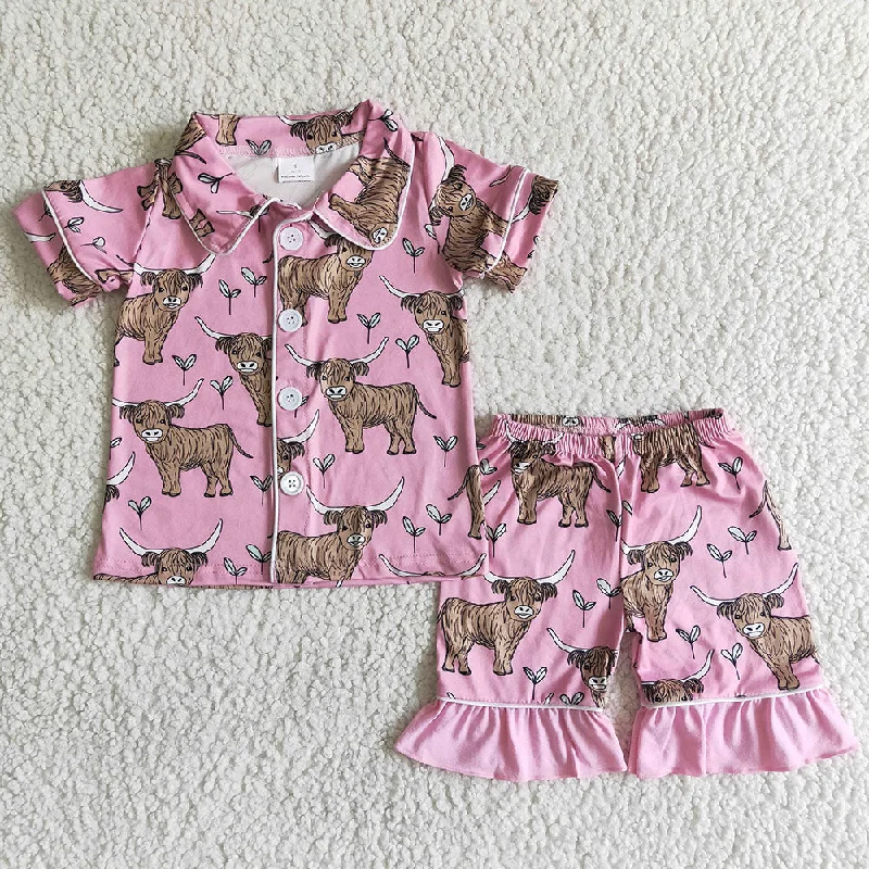 B11-28 Highland Cow Pink Collar Girls Short Sleeve Pajamas Adventure