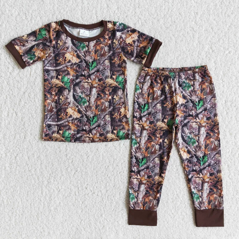 E10-17 Leaf Leaves Camo Boys Short Sleeve Pants Pajamas Outfits Relaxed Men's Beach