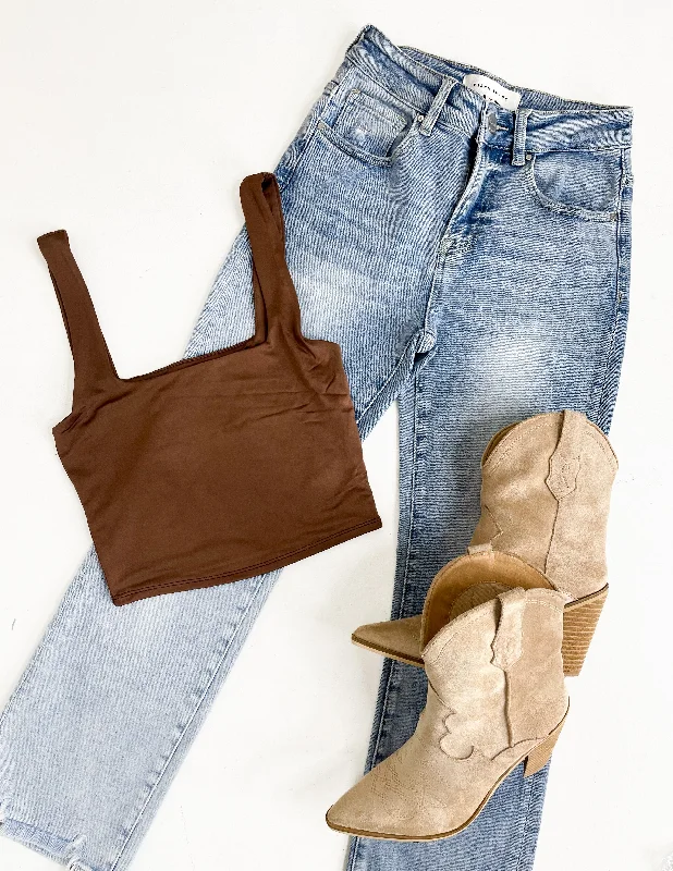 Brown Square Neck Cropped Tank Beach