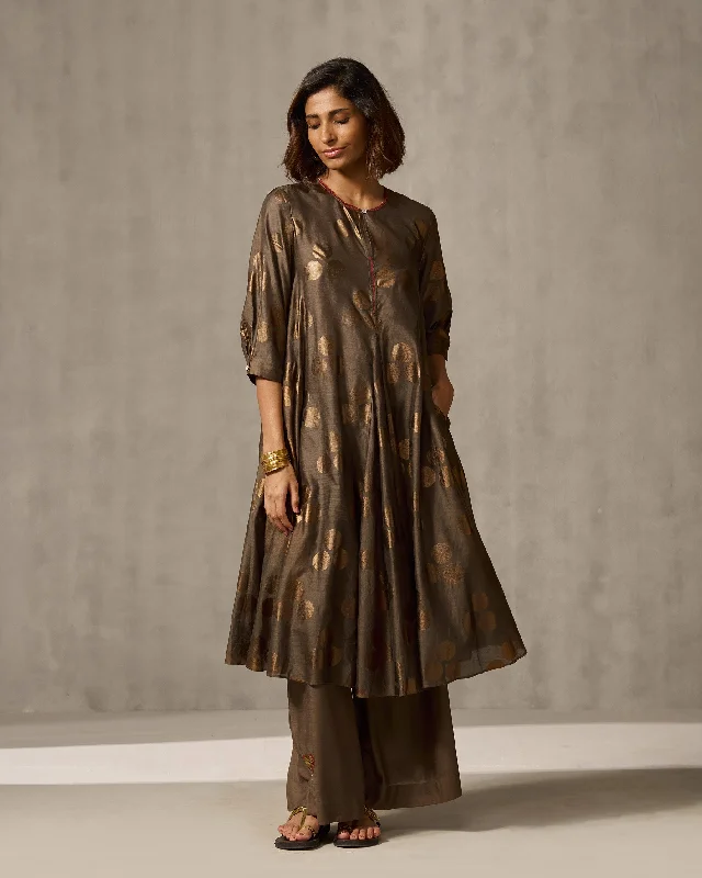 Sara Kurta - Oak Brown Foil Print Polished Men's Silk