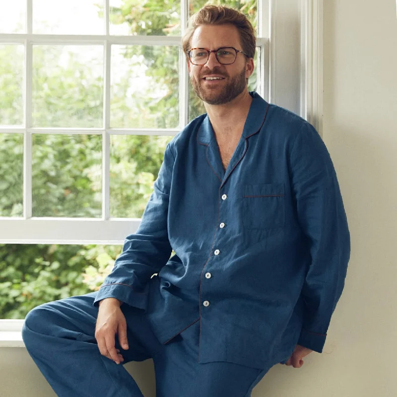 Men's Marine Blue Linen Pajama Set Traditional Men's Country