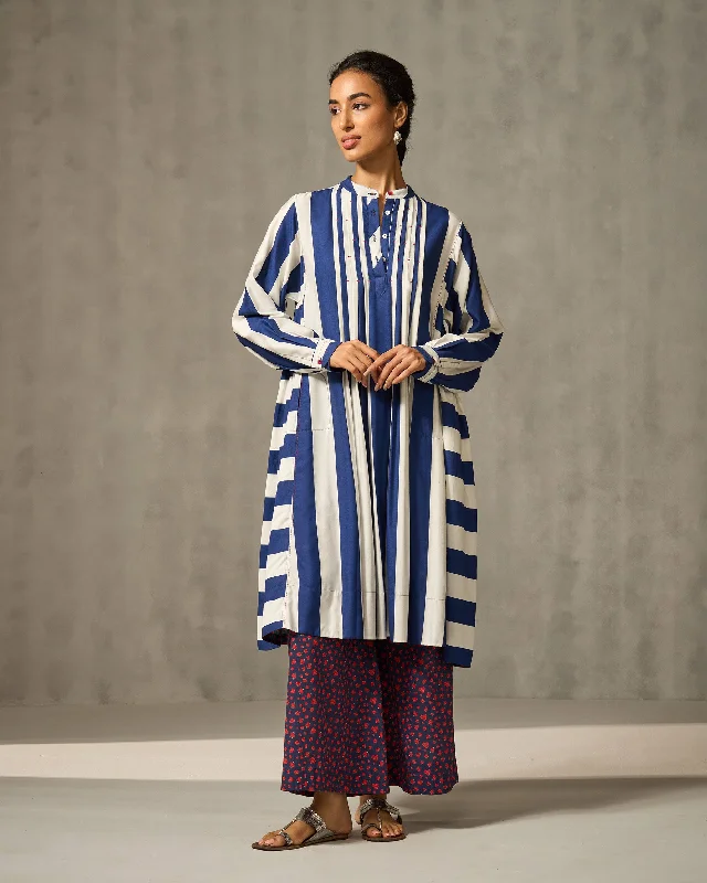 Mustafa Kurta - Navy & Ivory Print Modern Men's Geometric