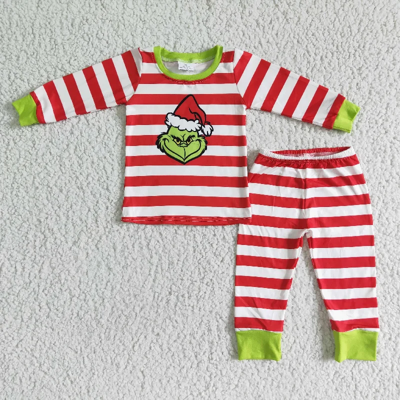 6 B12-28 Christmas Green Red Striped Cartoon Boys Long Sleeve Pajamas Confident Men's High