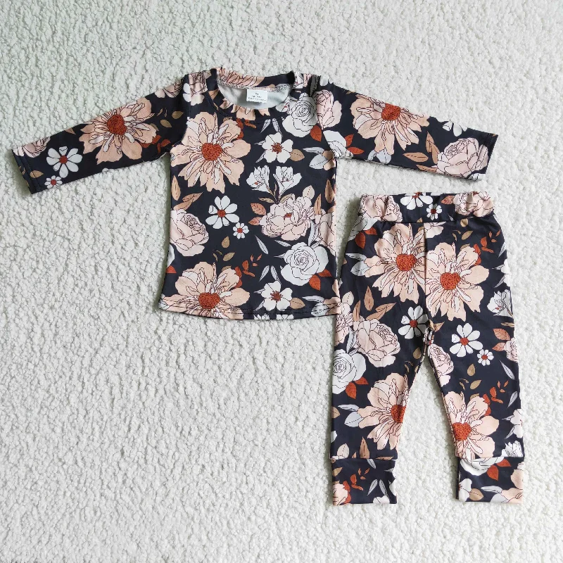 GLP0195 Black Floral Girls Long Sleeve Pants Outfits Pajamas Vacation