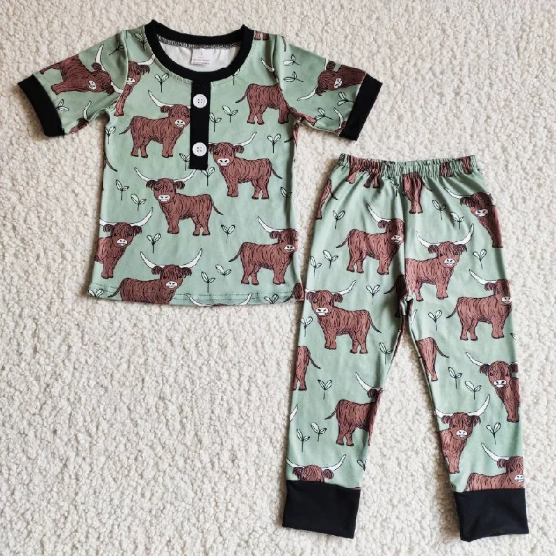 B9-25 Green Cow Heifer Pajamas Boys Short Sleeve Pants Outfits Elegant Men's Cashmere