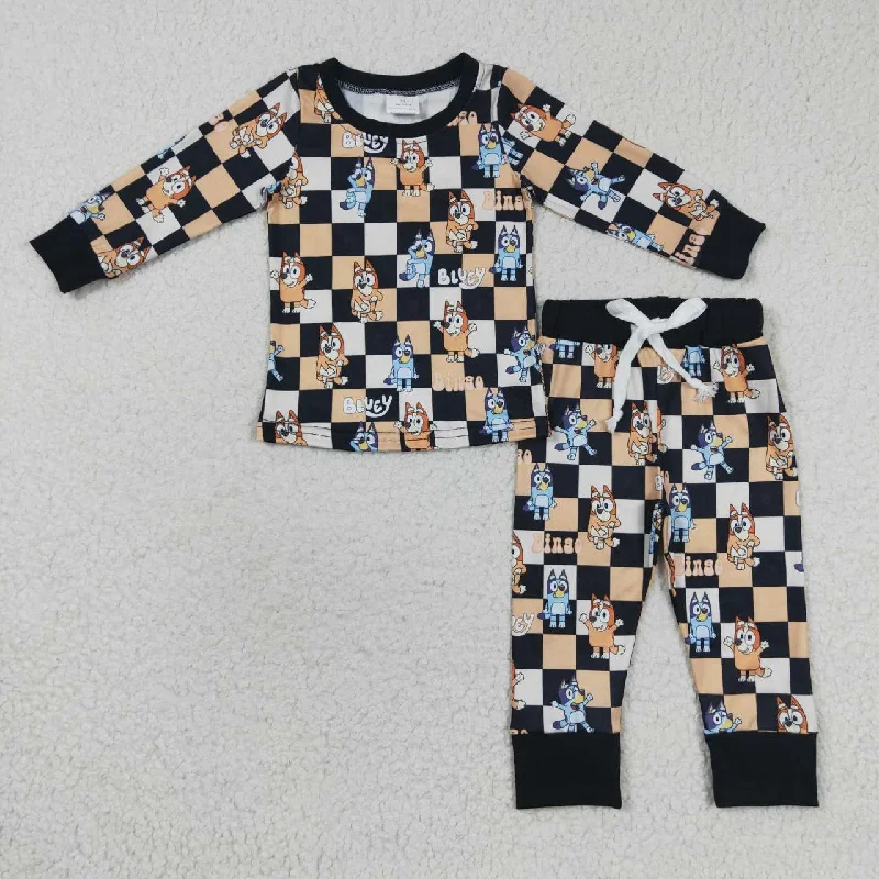 BLP0190 Black Plaid Dog Cartoon Boys Long Sleeve Pants Outfits Pajamas Dynamic Men's Moto