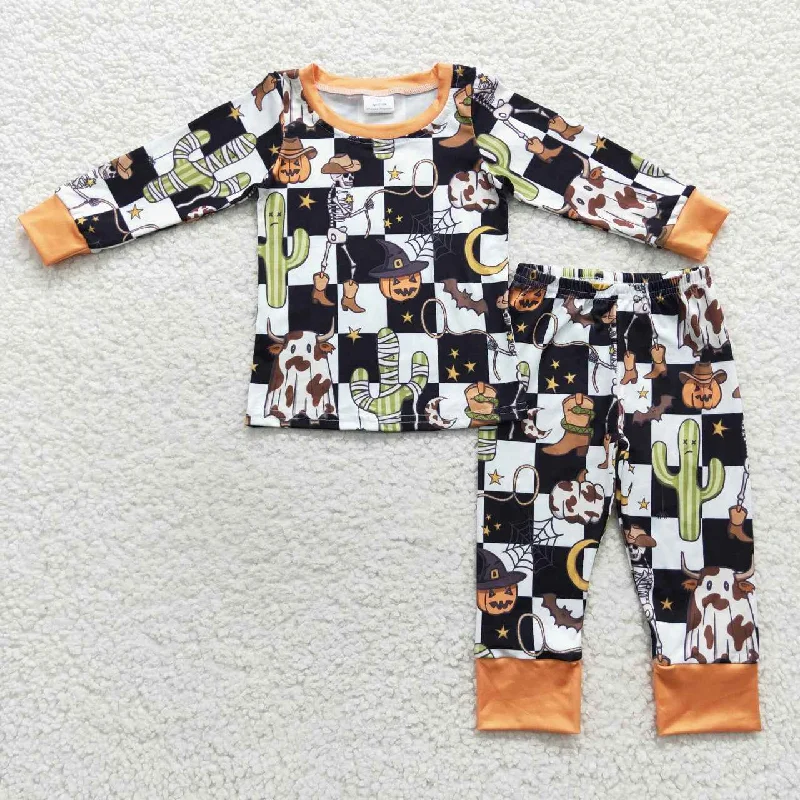 BLP0207 Halloween Ghost Black Plaid Pumpkin Cow Boys Long Sleeve Pants Outfits Pajamas Cool Men's Skate