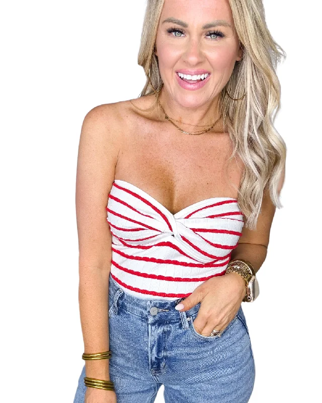 The Bella Knot Tube Top- Red Striped Business