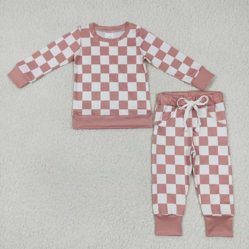 promotion BLP0271 Pink Plaid  Boys Long Sleeve Pants Outfits Pajamas Sharp Men's Italian