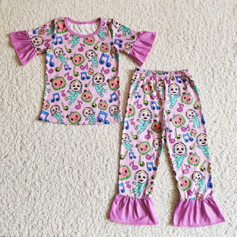 Clearance B1-12 Pink Cartoon Pajamas Girls Short Sleeve Pants Outfits Stylish Men's Tropical 