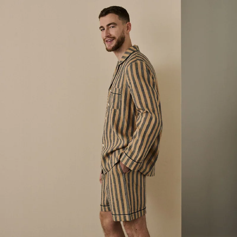 Men's Blue & Porcini Striped Linen Pajama Short Set Dynamic Men's Moto