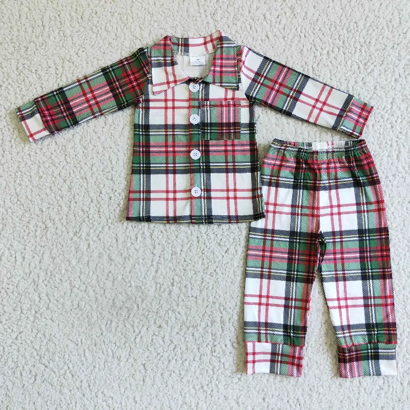 6 A7-15 Christmas Red Green Plaid Print Winter Collar Boys Long Sleeve Pajamas Youthful Men's Anime