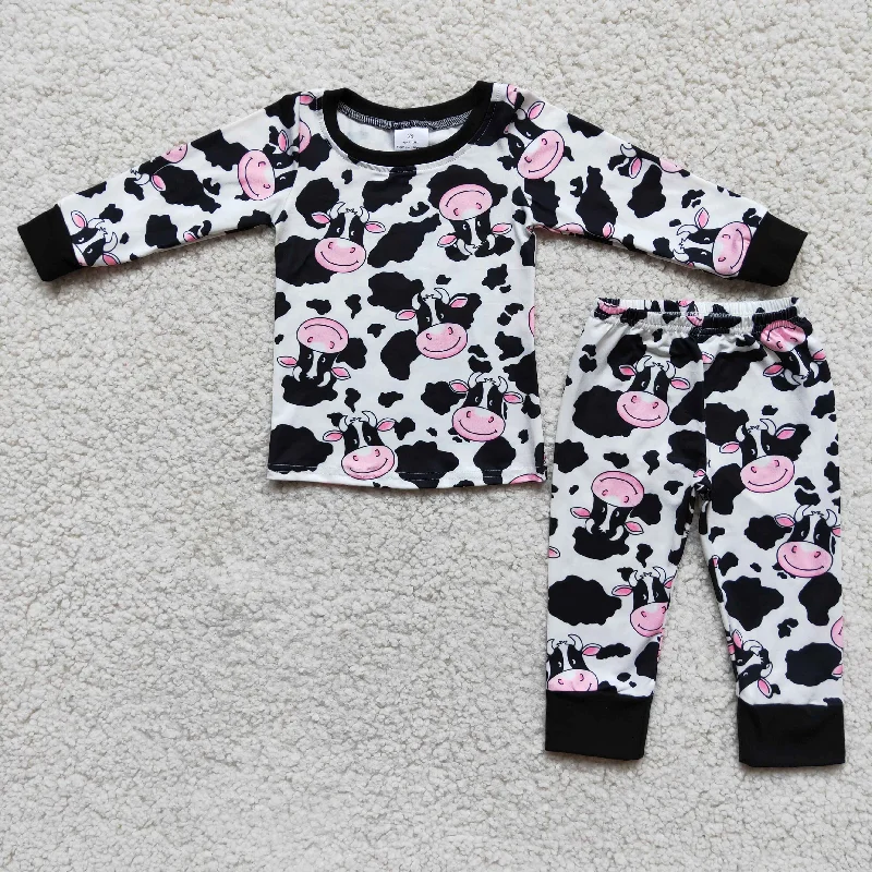 Clearance 6 A7-1 Black Pink Cow Print Girls Long Sleeve Pajamas Dapper Men's 1920S