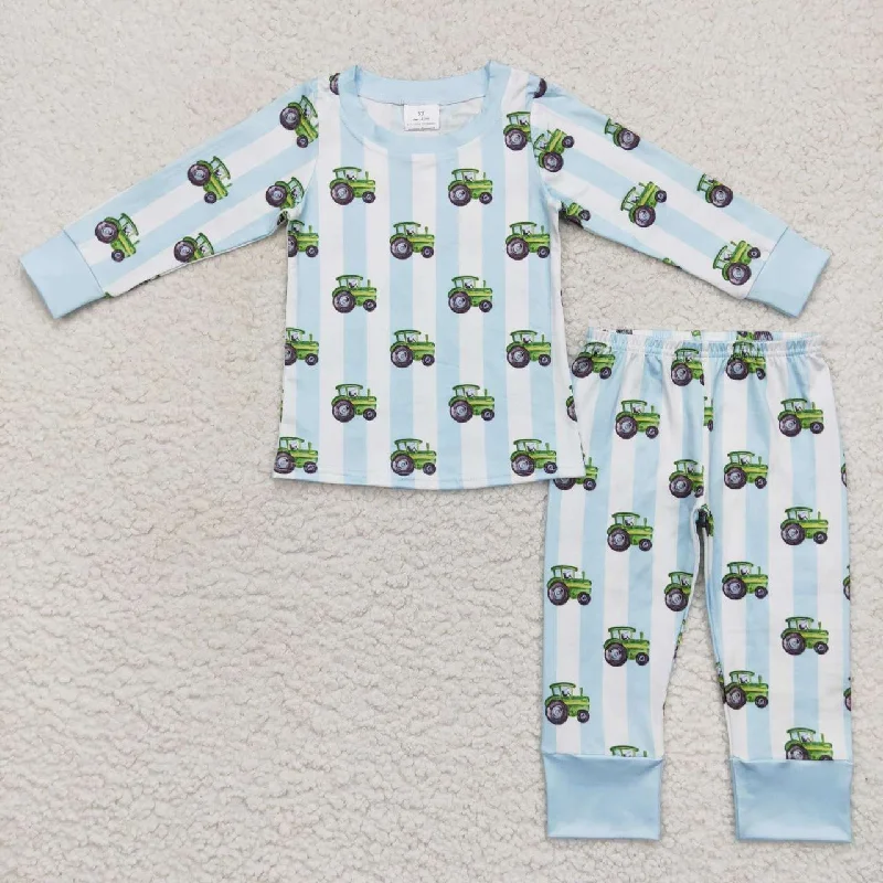 BLP0345  Blue Farm Truck Boys Long Sleeve Pants Outfits Pajamas Edgy Men's Punk