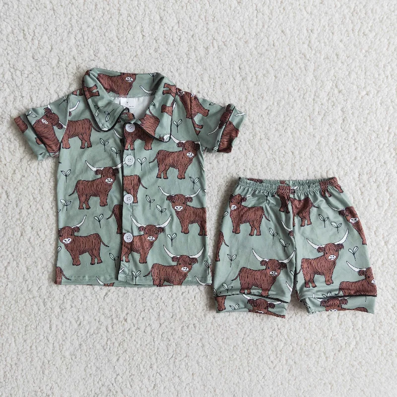 E14-1 Green Heifer Highland Cows Collar Boys Short Sleeve Pajamas Trendy Men's Bucket