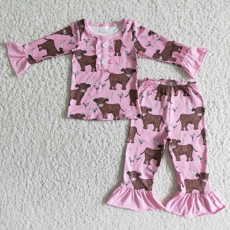 6 A11-12 Pink Ruffles Highland Cow Heifer Cow Girls Long Sleeve Pants Outfits Pajamas Masculine Men's Thick