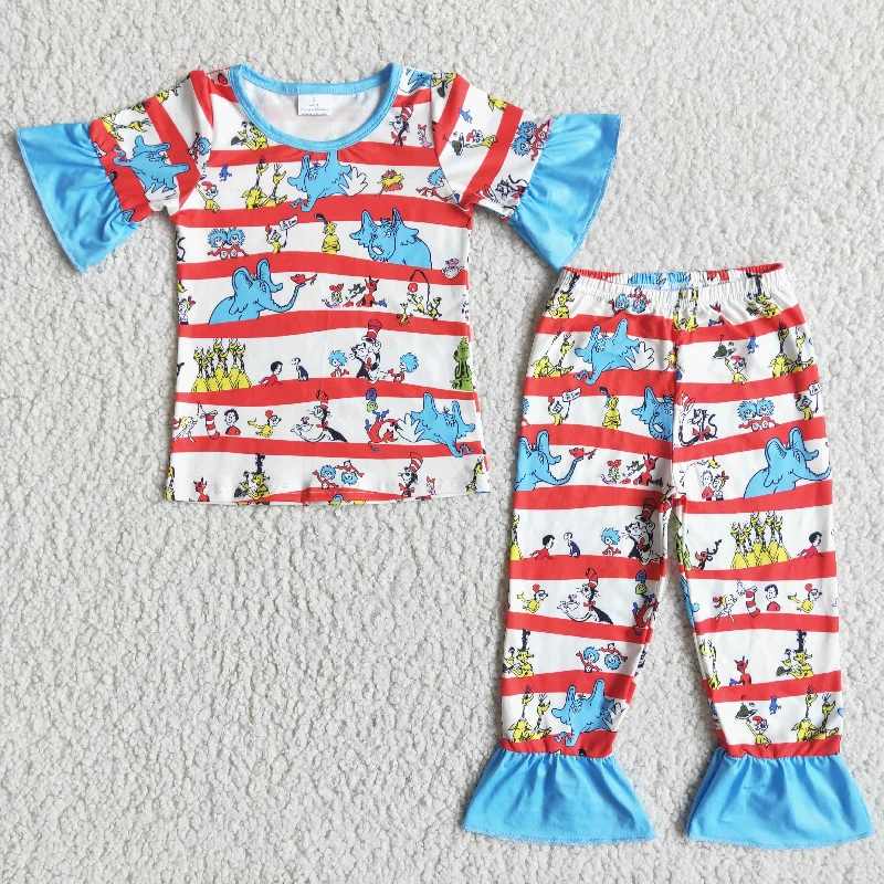 E5-11 Dr Blue Red Cartoon Striped Print Girls Short Sleeve Pants Pajamas Practical Men's Quick