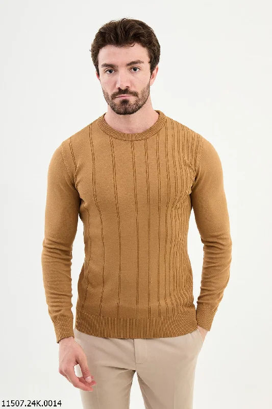 Bojoni Chicago Slim Fit Camel Knitted Sweater Unique Men's Patch