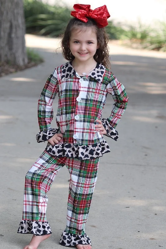 6 B2-4 Christmas Red Green Plaid Leopard Collar Girls Long Sleeve Pajamas Artistic Men's Avant