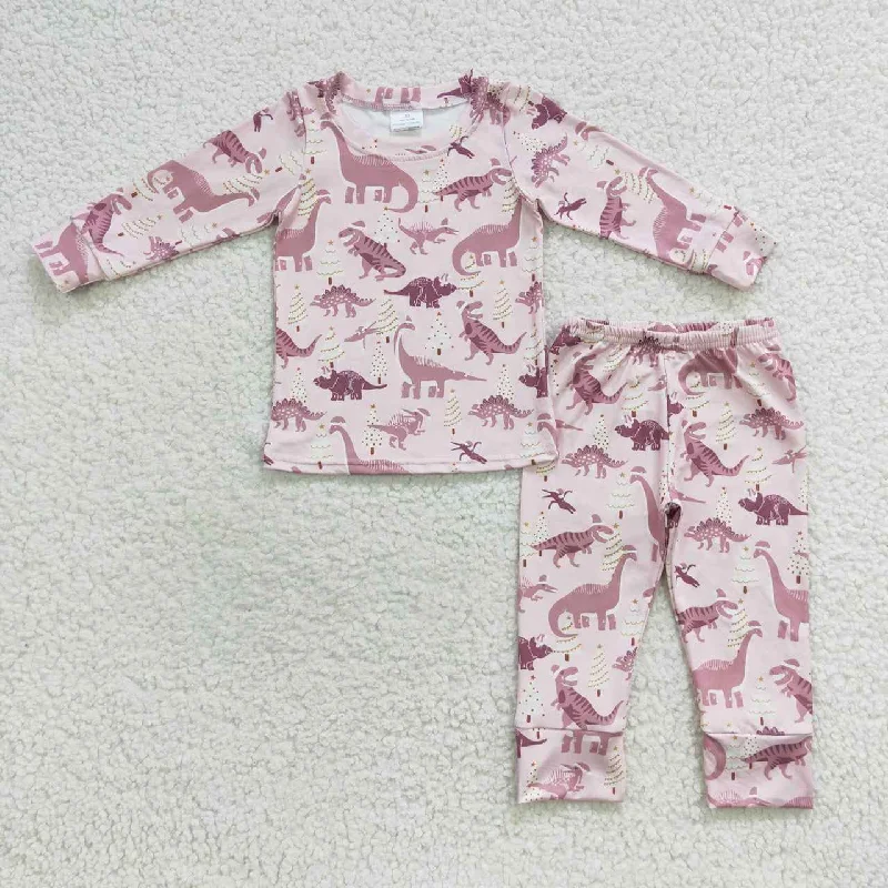 GLP0482 Pink Dinosaur Cartoon Girls Long Sleeve Pants Outfits Pajamas Traditional Men's Country