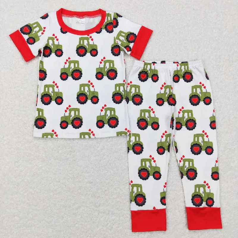 BSPO0200 Valentine Love Red Green Truck Farm Boys Short Sleeve Bell Bottom Pants Outfits Pajamas Business