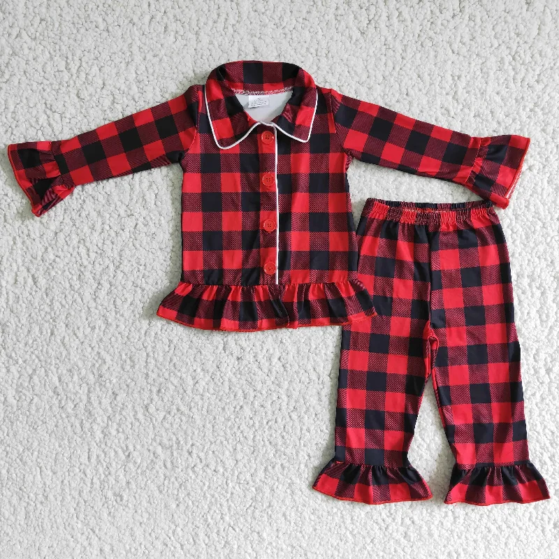 6 B2-39 Christmas Red Black Plaid Girls Long Sleeve Collar Pajamas Polished Men's Silk