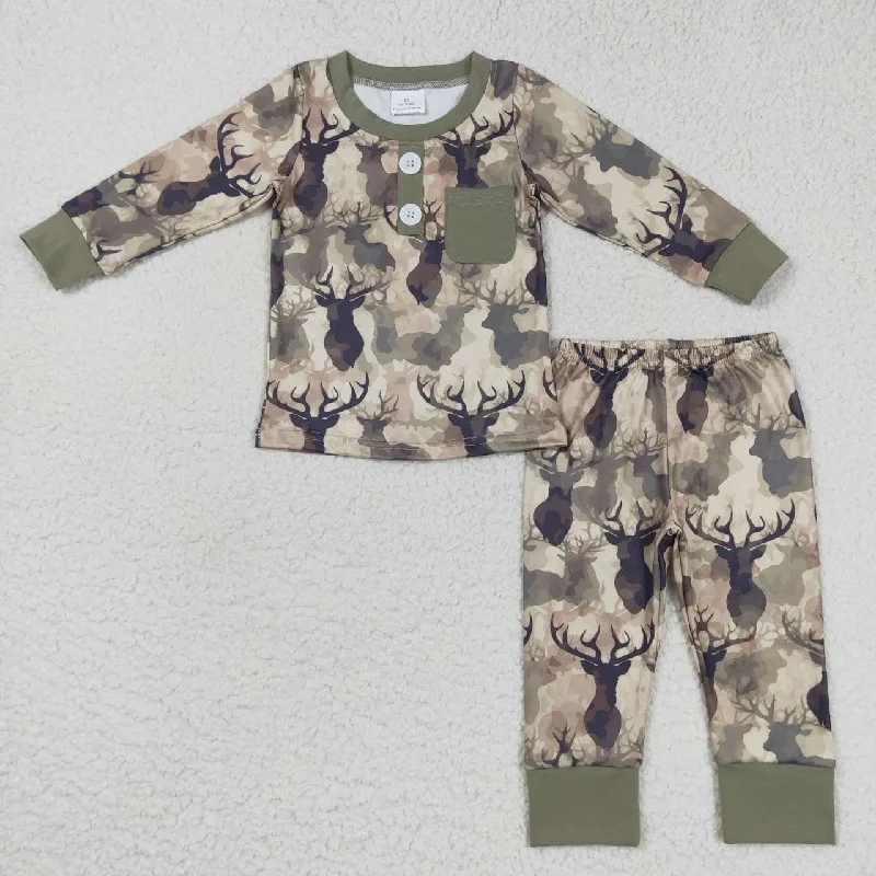 BLP0332 Green Deer Camo Boys Long Sleeve Pants Outfits Pajamas Confident Men's High