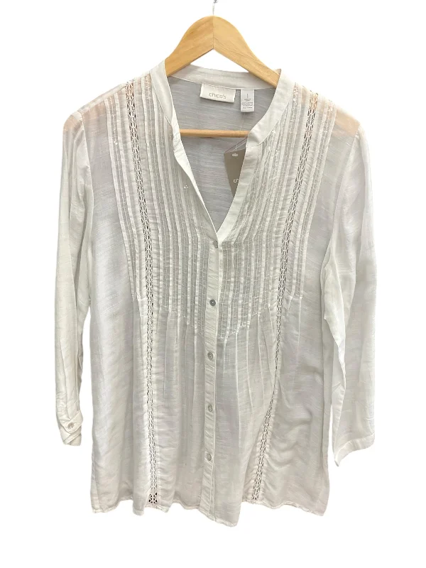 Top Long Sleeve By Chicos In White, Size: M Masculine Men's 